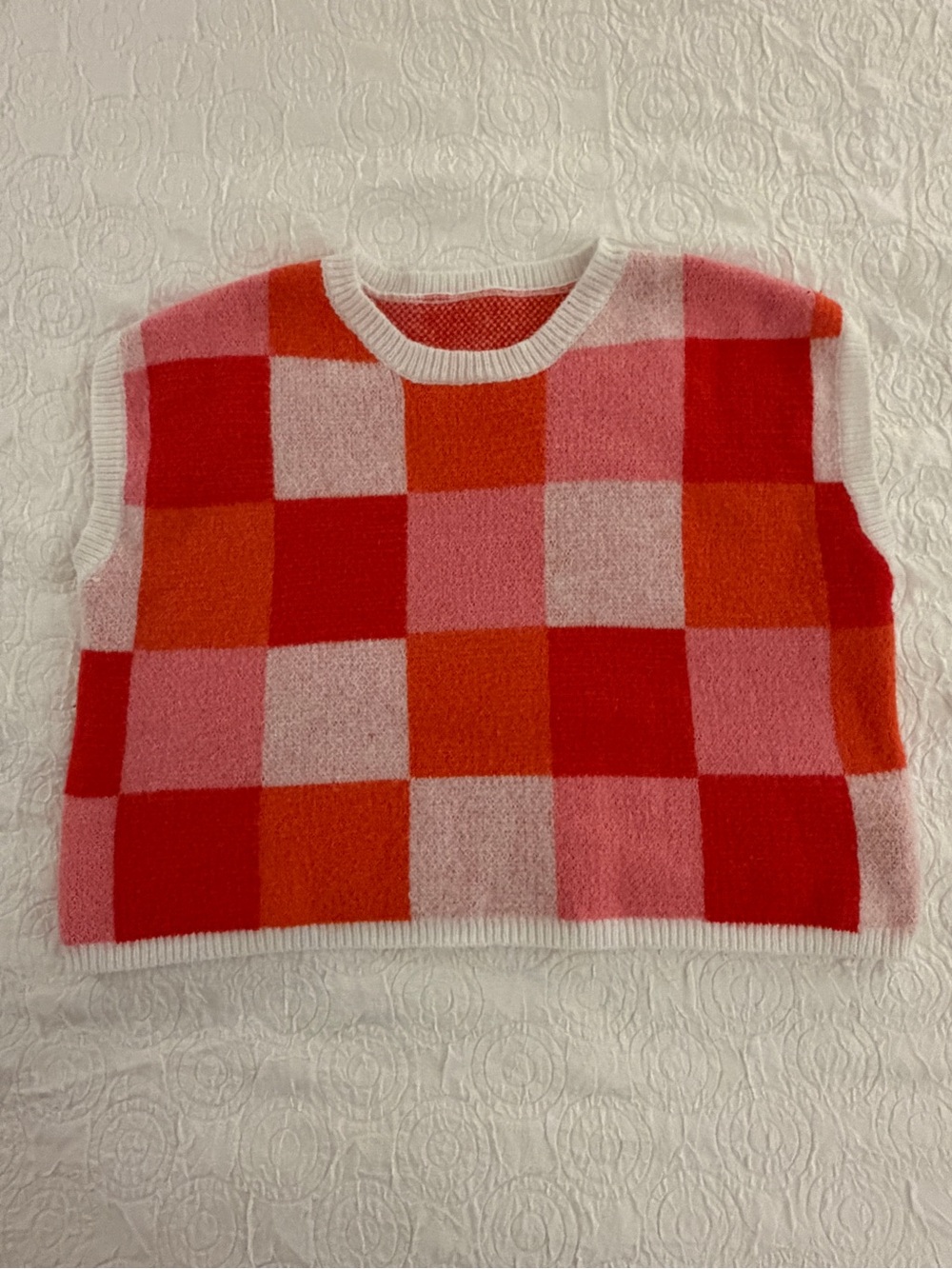 Retro Checkered Knit Sweater Vest Pink Orange Block Pattern Size Large Cropped